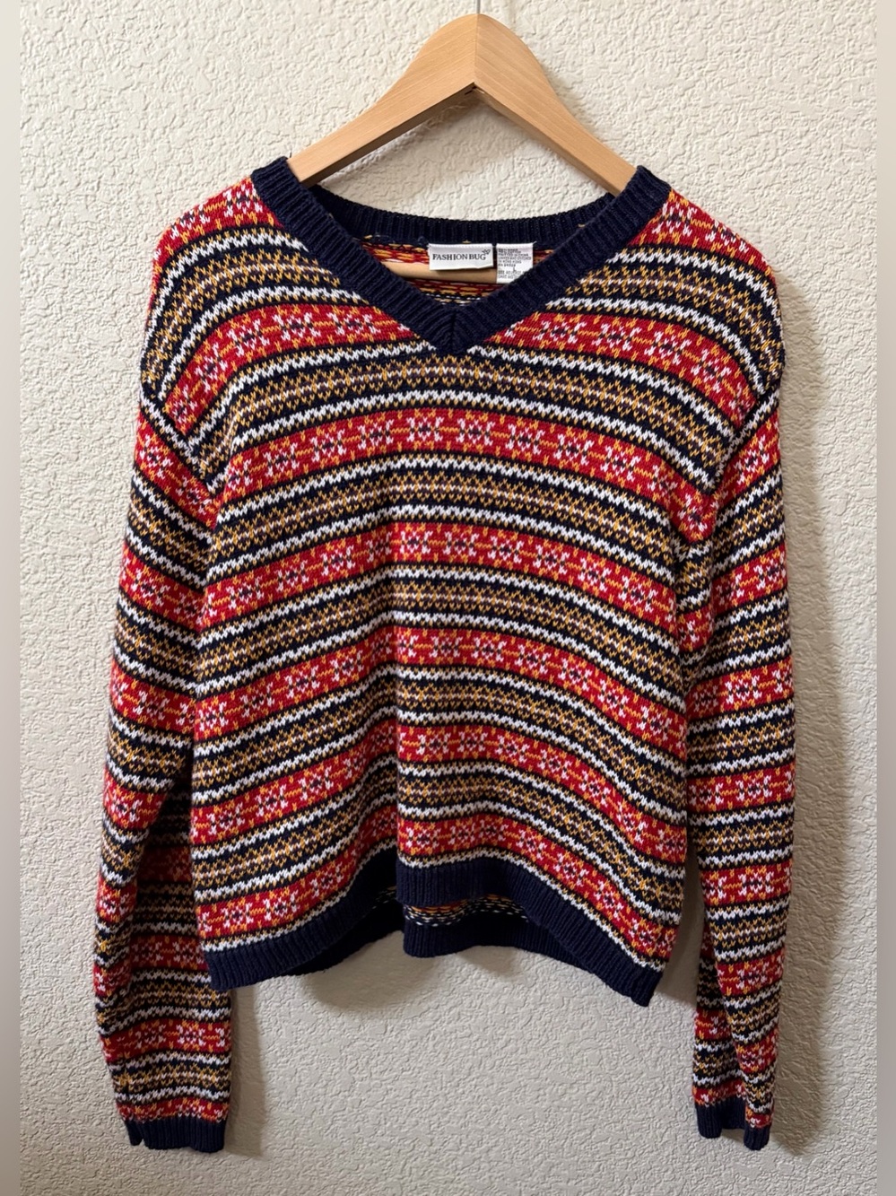 Vintage Fashion Bug (LG) Fair Isle Knit VNeck Sweater Ramie Cotton Nordic Winter
